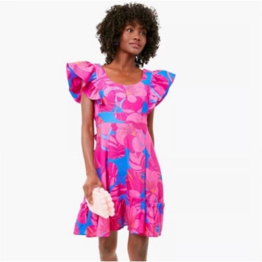 Tuckernuck Pink and Blue Floral Flutter-Sleeve Mini Dress